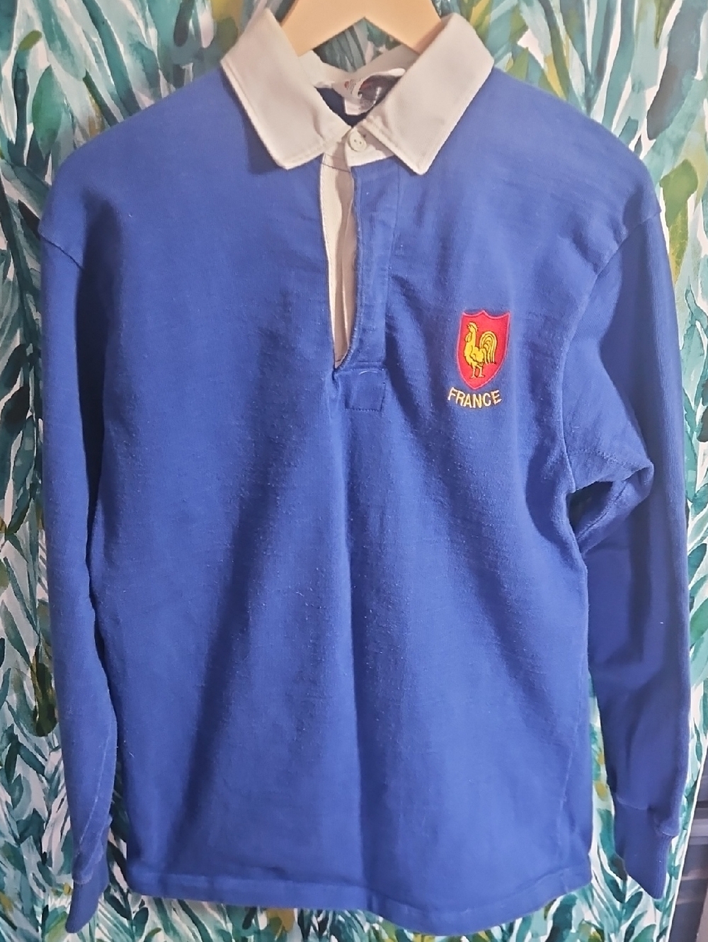 Vintage Barbarian Blue France Rugby-Style Pullover with Cream Collar - Size L